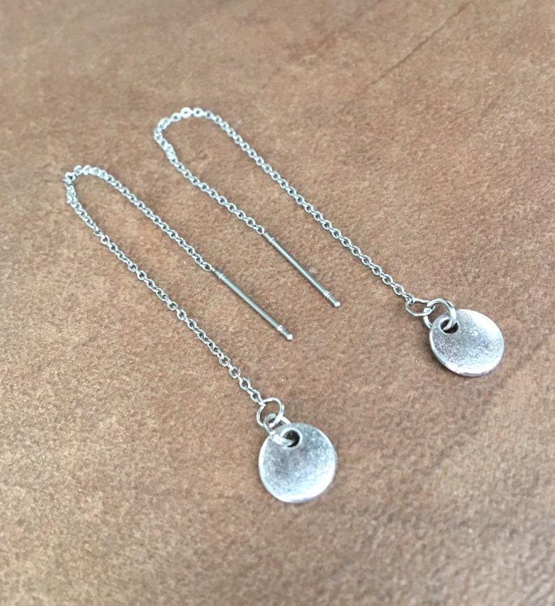 Silver Threader Earrings Stainless Steel Chain Threader Pull-Through with Tiny Coin Dangle image 1