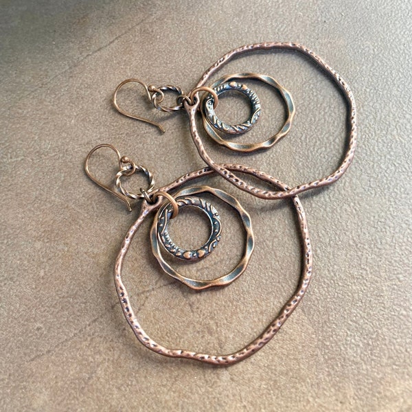 Big Copper Hoop & Loop Earrings | Multi Ring Nested Hammered Hoops Tinkling Boho Dangles