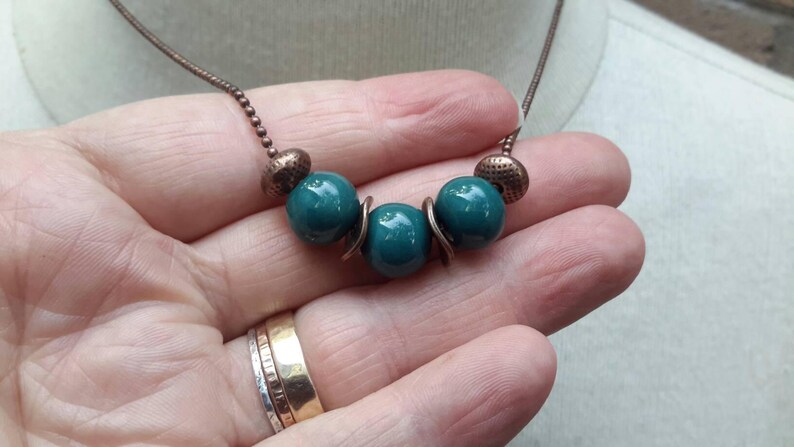 Blue \u201cCaribbean\u201d Artisan Ceramic Fair Trade Clay Beads Made In Cambodia Strung on Antique Ball Chain Ceramic Teal /& Copper Necklace