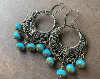 Bronze & Blue Chandelier Hoops | Large Stamped Antique Brass Deco Design Egyptian Inspired Rounds with Aqua Czech Glass Dangly Drops