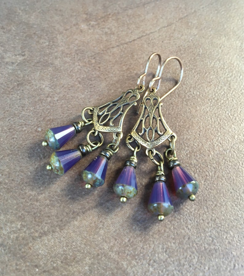 Brass /& Purple Glass Chandelier Earrings Antique Golden Brass Dangle Earrings sith Czecj Glass Teardrops Timeless Vintage Look