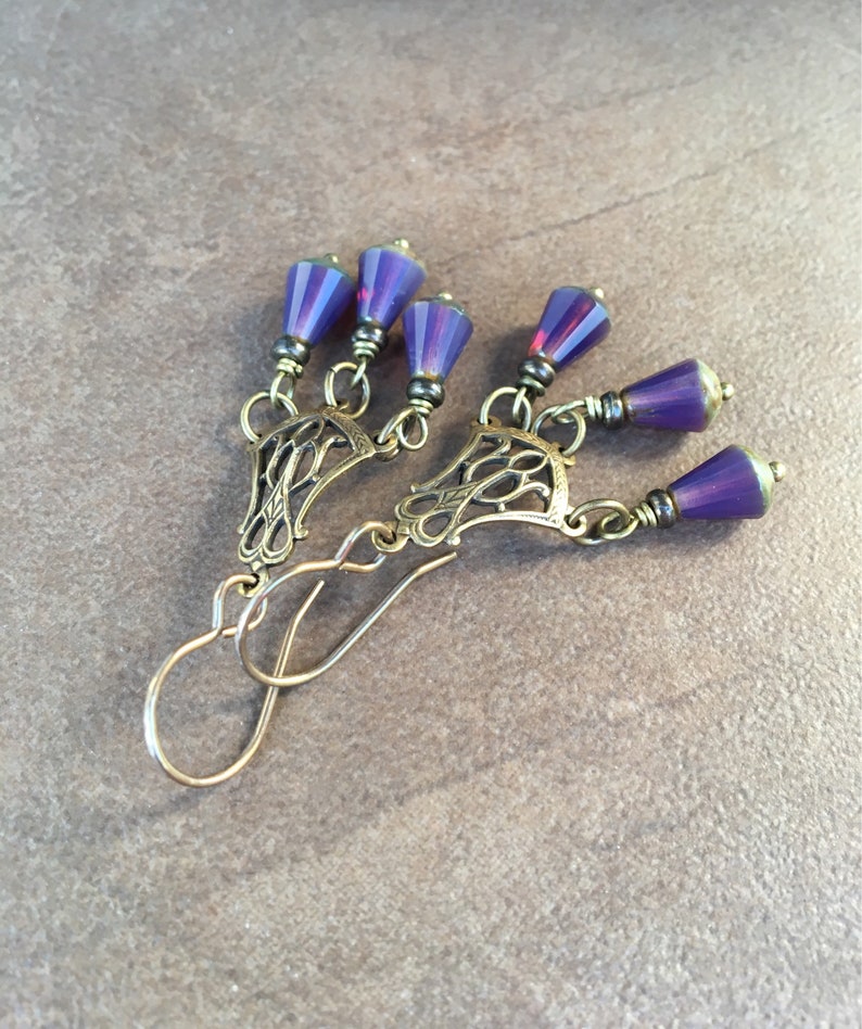 Brass /& Purple Glass Chandelier Earrings Antique Golden Brass Dangle Earrings sith Czecj Glass Teardrops Timeless Vintage Look