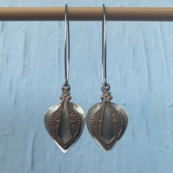 Dramatic Silver & Dark Brass Spear Dropped Dangles | Long Deco Pointed Arrow Dangle Earrings on Stainless Steel Wires