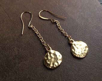 Drop the Gold Bomb Earrings | Hammered Round Bright Satin Gold Finish Coin Shaped Disc on Chain Simple Minimalist Dangles