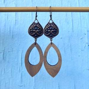 Curvy Copper & Walnut Wood Dangly Teardrop | Casual Fun Funky Handcut Wooden and Dark Antique Metal Dangles