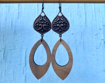 Curvy Copper & Walnut Wood Dangly Teardrop | Casual Fun Funky Handcut Wooden and Dark Antique Metal Dangles