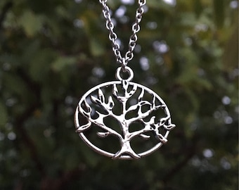 Silver Tree of Life Necklace | Oval Framed Oak Olive Pomegranite Tree Charm Pendant on Stainless Steel Chain