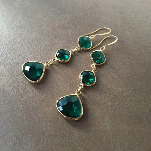 Long Green & Gold Crystal Cut Glass Earrings | 3" Modern Beveled Emerald Teal Stacked Diamond Teardrop Geometric Shape | Semi Formal Wear