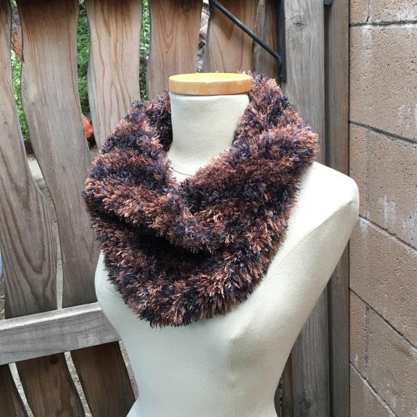 Softest Knitted Faux Fur Cowl | Brown & Black Slinky Furry Tube Neckwarmer Handknitted