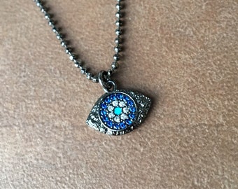 Tiny Black Crystal Rhinestone Evil Eye | Dainty Blue CZ Rhinestone Eye Charm on Sparkly Gunmetal Ball Chain Micro Pave Style