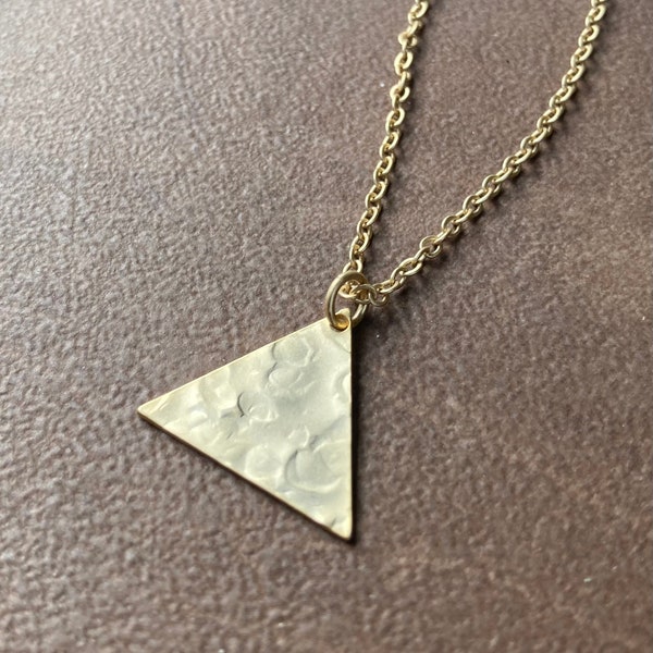 Matte Gold Pyramid Necklace | Simple Hammered Textured Satin Finish Pale Gold Triangle | Egyptian Style Geometric Pendant