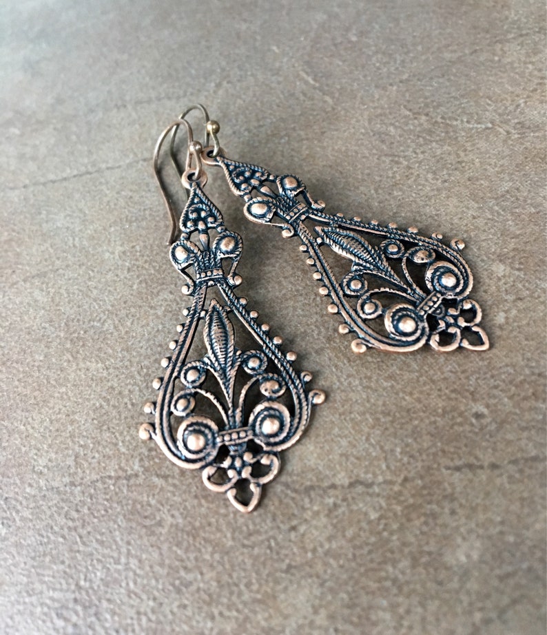 Long Copper Earrings Etruscan Curvy Feminine Plain Filigree Dangles Two Inches Victorian