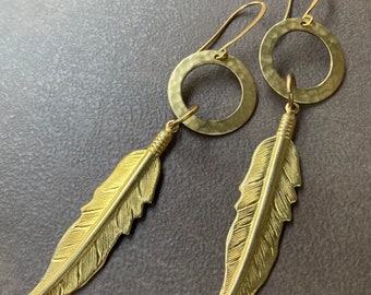 Gold Brass Feather Earring | Long Goldtone Circle and Feather Dangles Round and Spike Golden Metal Jewelry