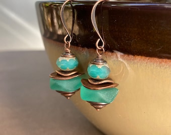 Copper & Teal Frosted Glass Earrings | Antique Metal and Recycled Bead Faceted Czech Glass Danglies