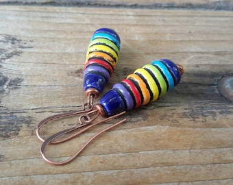 Ceramic Rainbow Pride Dangles | Colorful  Hand Painted Rainbow Beads with Copper Wires | LGBTQ Friend Family Support Love Equality