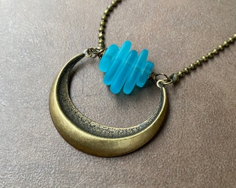 Aqua Sea Glass & Bronze Moon Pendant | Unique Crescent Double Horn Moon Necklace