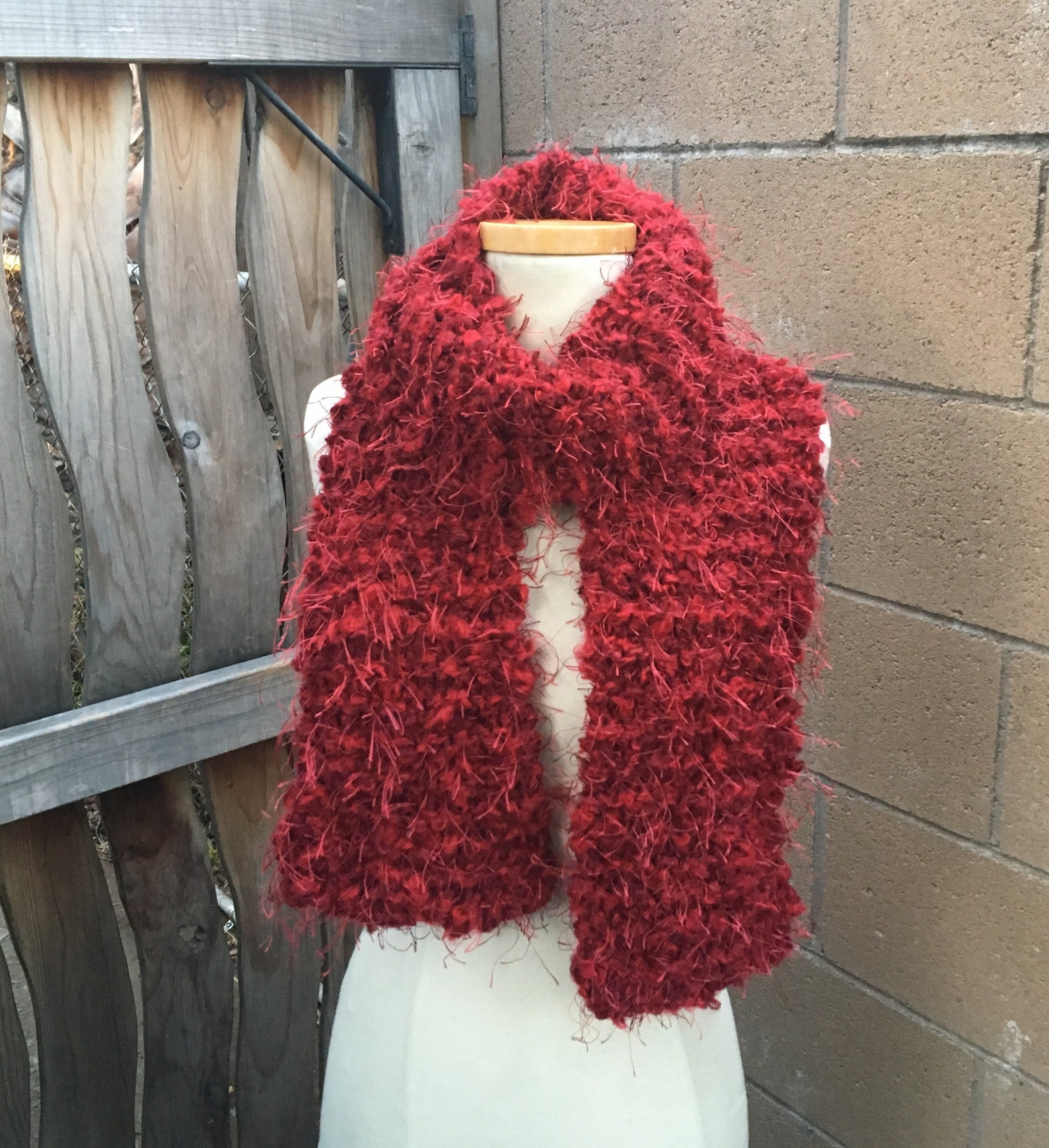Red Knit Fuzzy Scarf Handknit Chunky Furry Long Warm Scarf Etsy