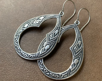 Big Silver Boho Keyhole Teardrops | Long Arabesque Exotic Dangle Earring