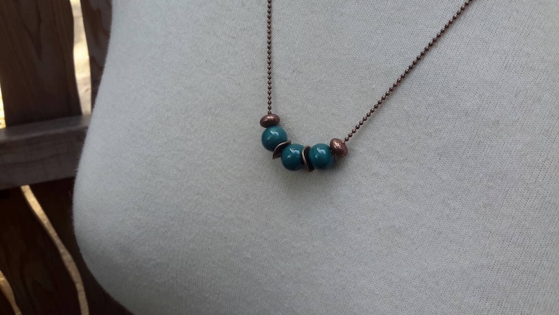 Blue \u201cCaribbean\u201d Artisan Ceramic Fair Trade Clay Beads Made In Cambodia Strung on Antique Ball Chain Ceramic Teal /& Copper Necklace