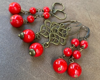 Holiday Special Berry Red Jade & Bronze Wire Wrapped Dangly Stacked Dropped Ball Earrings 2 Inch Everyday Tomato Red Earrings