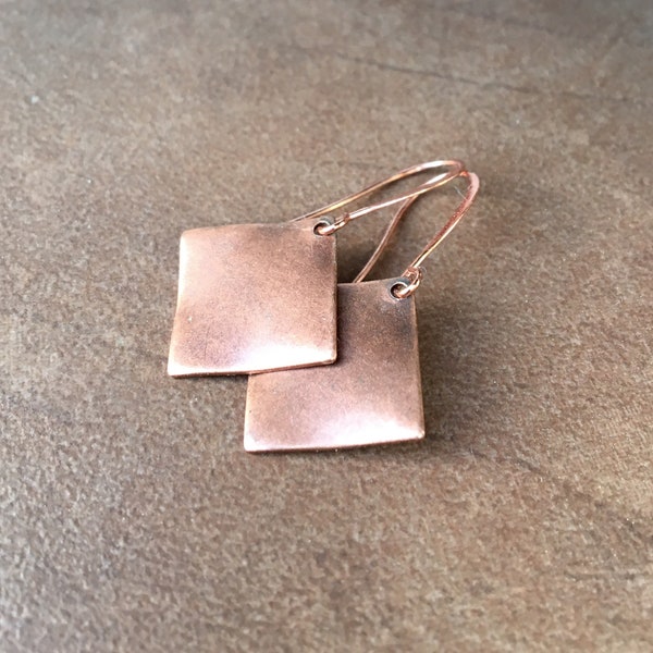 SALE Small Simple Diamond Dangles | Copper Antique Gold or Silver Lightweight Flat Wavy Earrings | Everday Drops in Antique Copper, Bronze