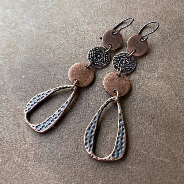 Long Textured Hammered Copper Chandelier Earrings | Dangly Geometric Antique Coppery Linked Disc and Oval Charms in Niobium Wires