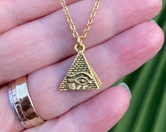 Gold Egyptian Pyramid Necklace | Small Golden Triangle Pendant with Eye of Horus on Cable Chain | Pharoahs and Gods of Egypt