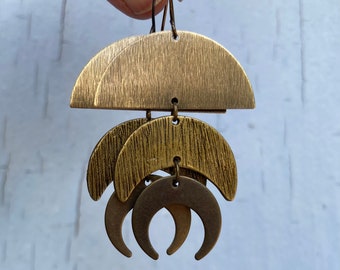 Big Brass Geometric Moon Shape Half Circle Crescent Antique Gold Boho Dangle Space Invaders