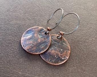 Mixed Metal Rustic Copper Textured Disk on  Sterling Silver Earwires | Antique Copper Coin Round Dangles