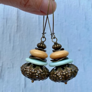 Big Moroccan Pouf Puffed Filigree Earrings | Stacked Brass, Bone & Stone Saucers I Long, Exotic Cairn Style Dangles | Unique Boho Earrings