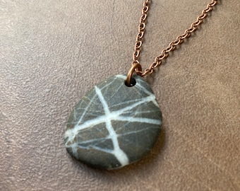 Unique Gray Rock Lightning Stone Pendant | Beach Rock Charm on Copper Ball Chain Natural Letter X