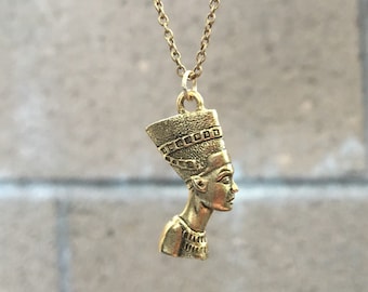 Golden Goddess Nefertiti Charm on Antique Gold Chain | Divine Egyptian Queen Pendant