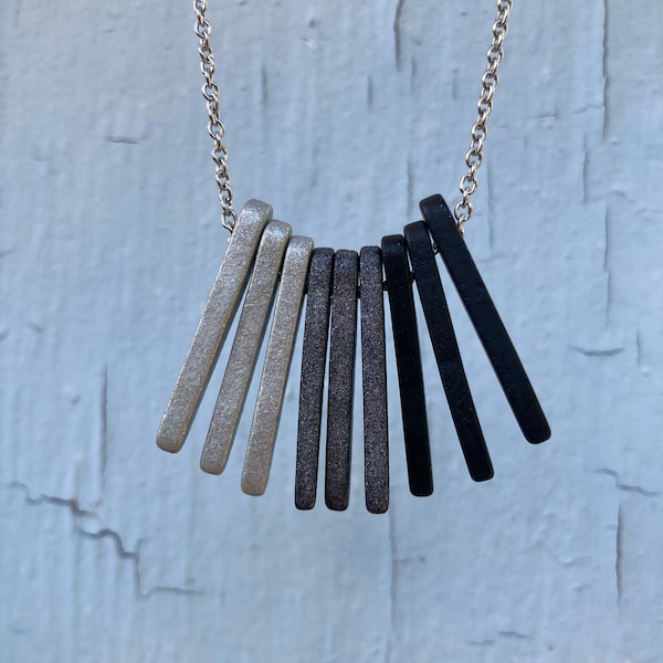 Black & Silver Ombré Spike Fringe Necklace | Ceramic Dagger Colorblock Tunic Necklace | Grey Tone Daggers Made in Greece on Stainless Steel