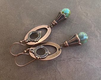 Copper Oval & Green Mottled Glass Drop Earrings | Unique Antique Coppery Hoop Frame Layered w/ Pale Green Teardrop
