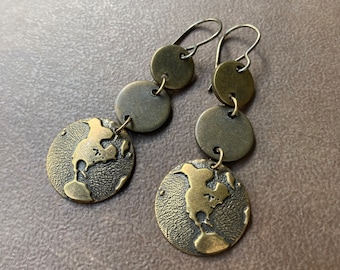 Joy to the World Bronze Layered Coin Dangles | Antique Golden Brass Dropped Disc Earth Earrings | Vintage Look Round Globe Charms