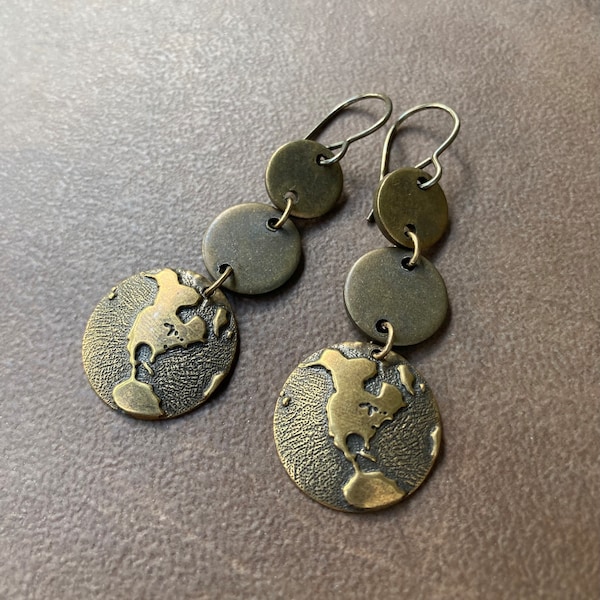 Joy to the World Bronze Layered Coin Dangles | Antique Golden Brass Dropped Disc Earth Earrings | Vintage Look Round Globe Charms