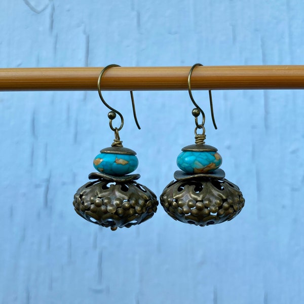 Big Moroccan Pouf Puffed Filigree Earrings | Stacked Brass & Stone Saucers Long Exotic Dangles | Unique Antique Bronze Handmade Boho Drops