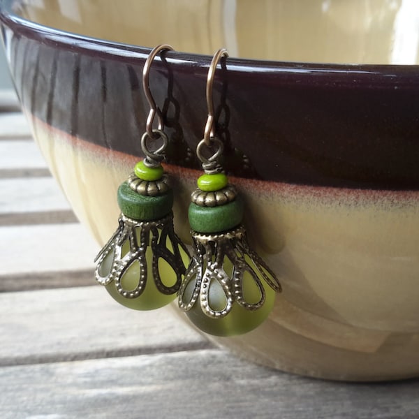 Olive Green Earrings | Exotic Bohemian Green on Green Olivine & Antique Brass Dangles