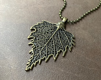 Bronze Lace Leaf Pendant | Large Antique Gold Filigree Metal Oak Leaf Pendant on Brass Chain