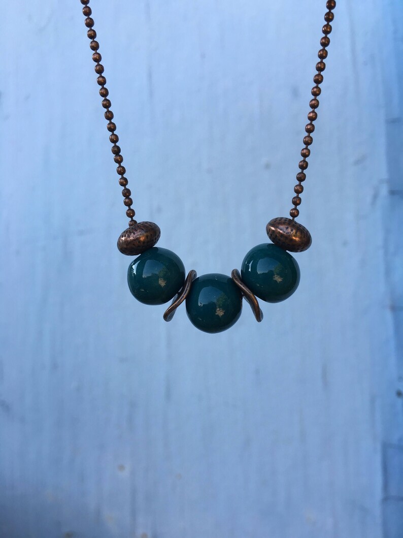 Blue \u201cCaribbean\u201d Artisan Ceramic Fair Trade Clay Beads Made In Cambodia Strung on Antique Ball Chain Ceramic Teal /& Copper Necklace