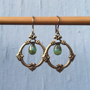 Romantic Antique Gold & Olive Green Dangles | Round Golden Brass Frame with Floating Czech Glass Teardrop