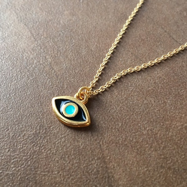 Tiny Yellow Gold Evil Eye Necklace | Unique Enamel Black Egyptian Blue  Protection Symbol Charm on Light Matte Gold Plated Chain