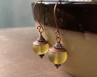 Copper & Pale Amber Lantern Dangles | Yellow Recycled Glass Globe Earrings on Handmade Antique Copper Wires