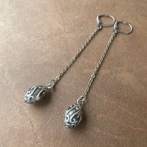 Silver Drop & Chain Dropped Nouveau Floral Charm Teardrop Dangles on Stainless Steel Leverbacks Lever Back