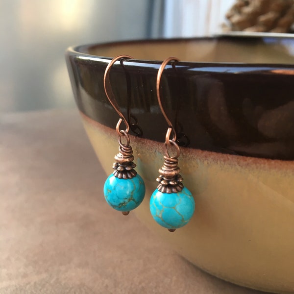 Small Copper & Turquoise Ball Dangle | Little Aqua Howlite Mini Dangly Ball Everyday Jewelry