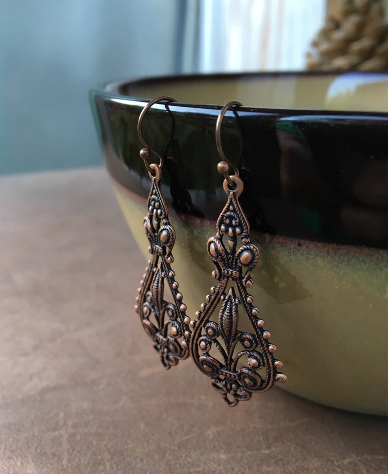 Long Copper Earrings Etruscan Curvy Feminine Plain Filigree Dangles Two Inches Victorian