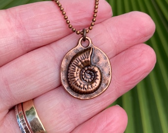 Copper Spiral Seashell Necklace | Nautilus Snail Shell Charm on Antique Copper Ball Chain | Mermaid Patina Necklace