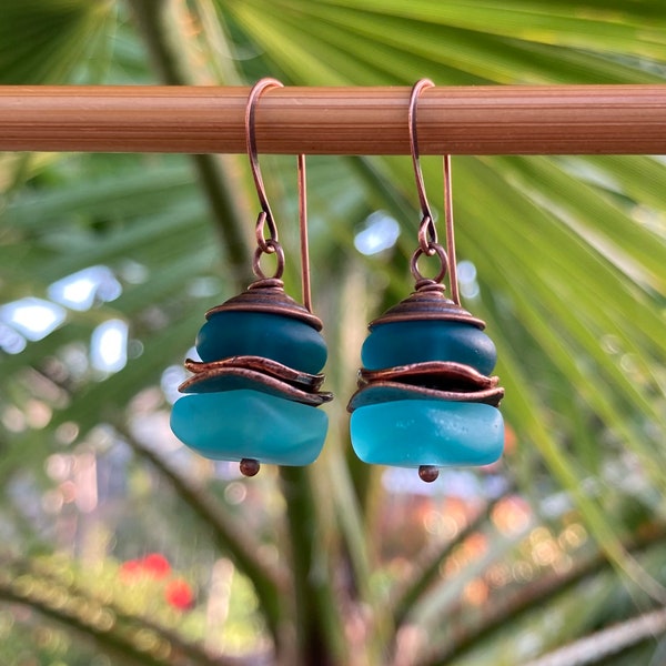 Recycled Glass Earrings Aqua Teal & Copper | Two-toned Blue Upcycled Faux Seaglass Soft Matte Stacked Glass Ocean Pacific Blue