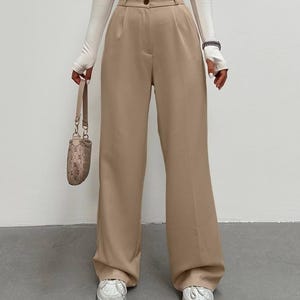Wide Leg Palazzo Pants for Women, High Waist Trousers with Elastic Back, Elegant Office Wear, Flowy Suit Pants, Black, Graphite, Burgundy