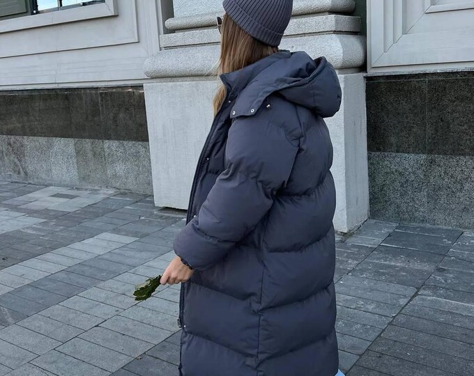 Featured listing image: Long Puffer Coat with Removable Hood | Oversized Winter Jacket | Warm Quilted Down Coat for Women